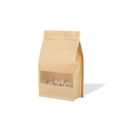 Biodegradable Brown Kraft Paper Stand Up Coffee Bag / Flat Bottom Coffee Pouch With One Way Valve And Reusable Zipper